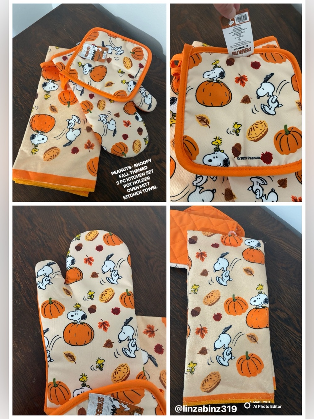 NWT- Peanuts- Snoopy- Fall Themed- 3pc- Oven Mitt, Pot Holder & Towel Set